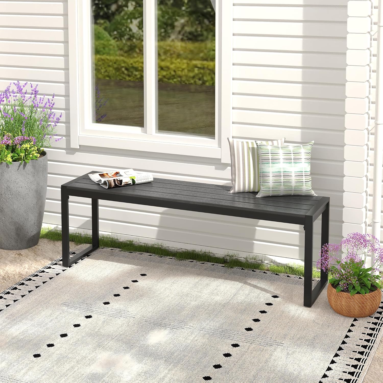 53" Outdoor Bench, Patio Backless Garden Bench with Metal Frame for Porch, Entryway, Lawn, Backyard, Black