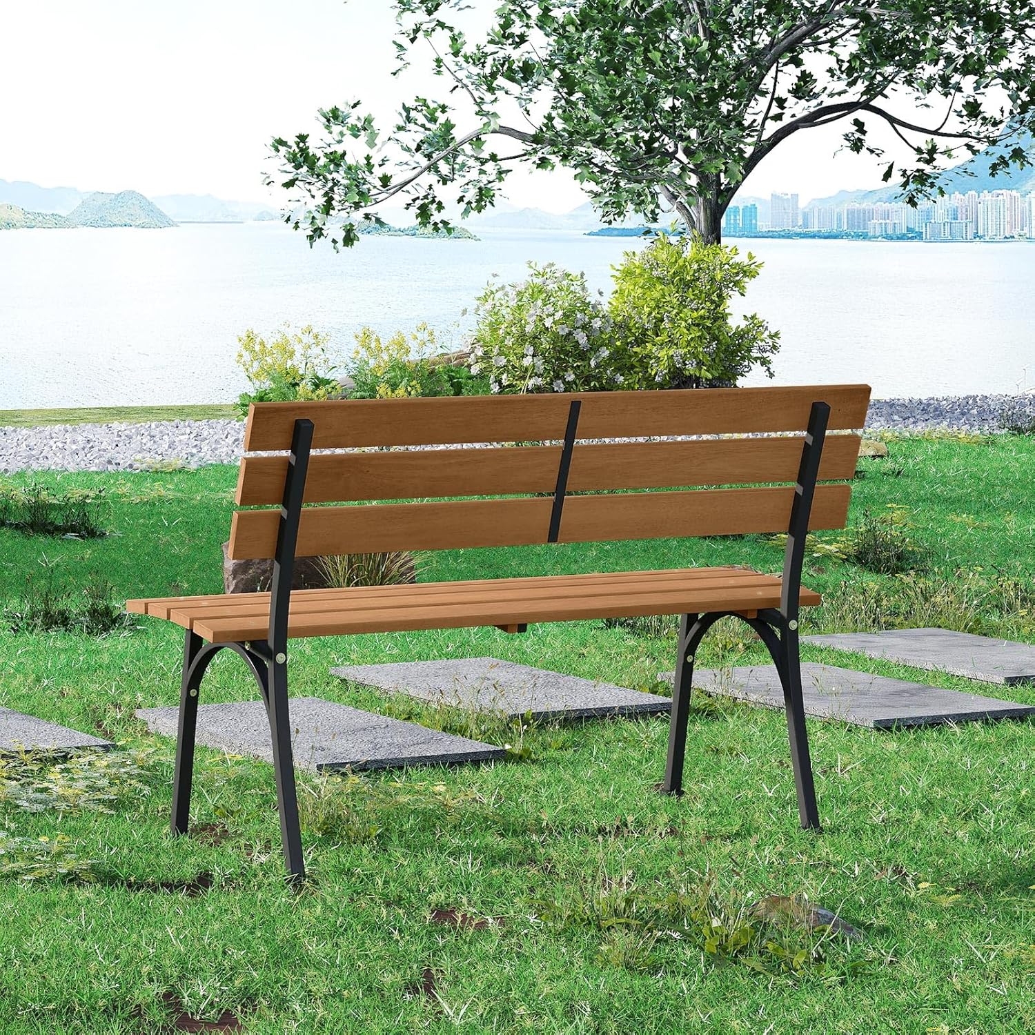 Tangkula Acacia Wood Outdoor Bench with Backrest, Patio Loveseat with Heavy Duty Metal Frame, Slatted Backrest and Seat, Park Bench for Outside Front Porch, Garden and Backyard