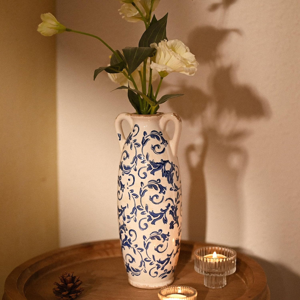 VICTOR & TERESA Blue and White Floor Vase for Pampas Grass, 11'' Tall Vase for Home Decor, Ceramic Farmhouse Decorative Large Vases for Flower, Mantel, Living Room, Shelf, Centerpieces, Gift for Mom