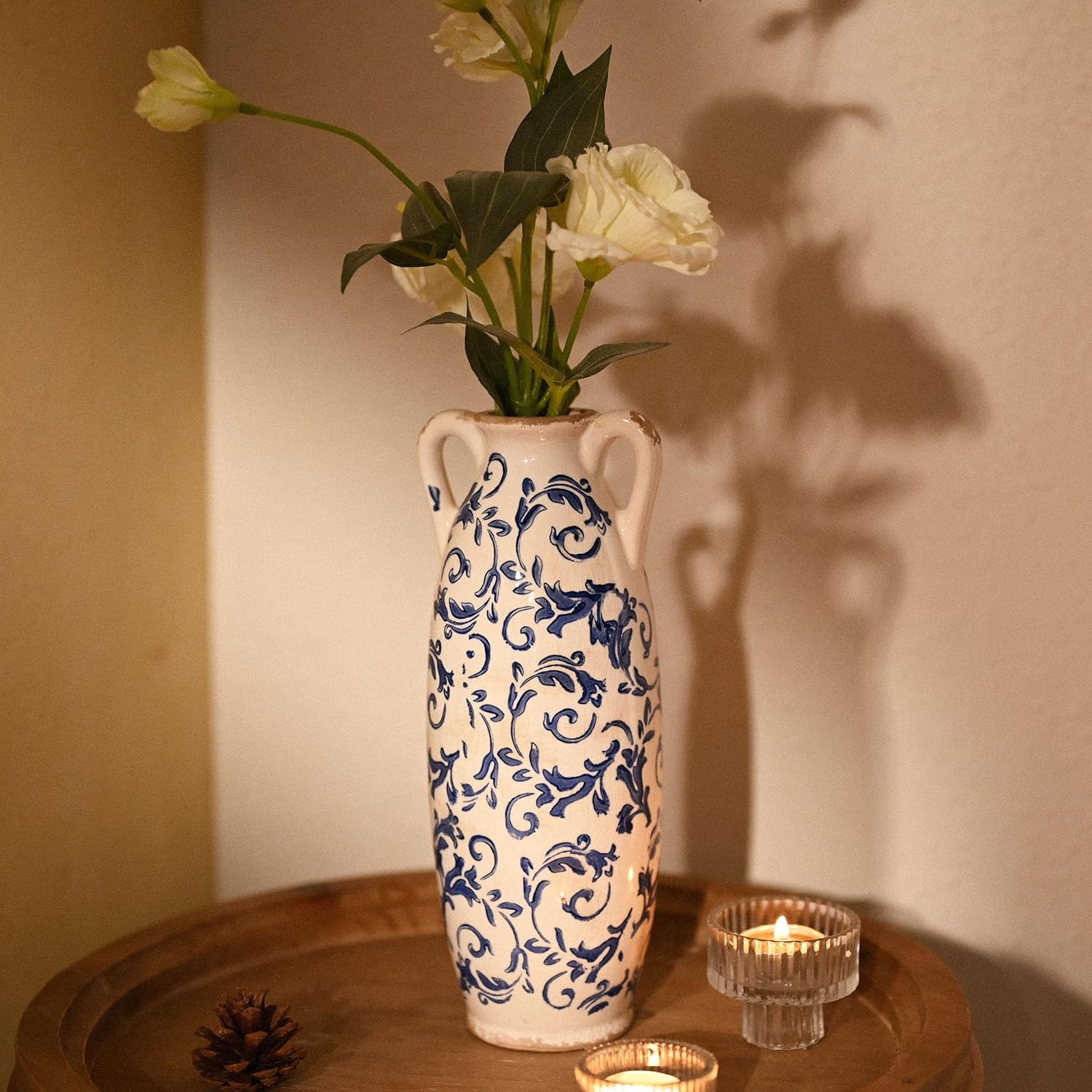 VICTOR & TERESA Blue and White Floor Vase for Pampas Grass, 11'' Tall Vase for Home Decor, Ceramic Farmhouse Decorative Large Vases for Flower, Mantel, Living Room, Shelf, Centerpieces, Gift for Mom