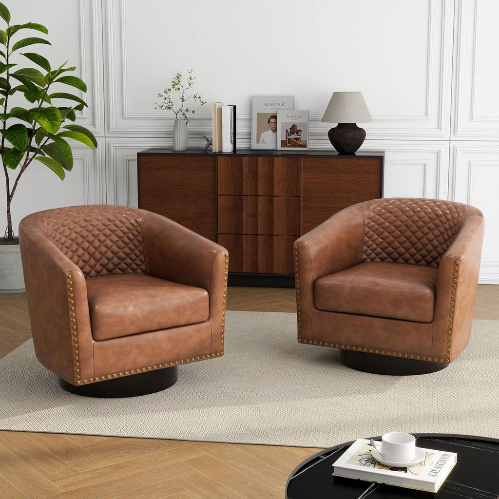 Swivel Barrel Accent Chair Set of 2, Comfy Modern Upholstered Round Faux Leather Arm Chair for Living Room, Bedroom, Brown