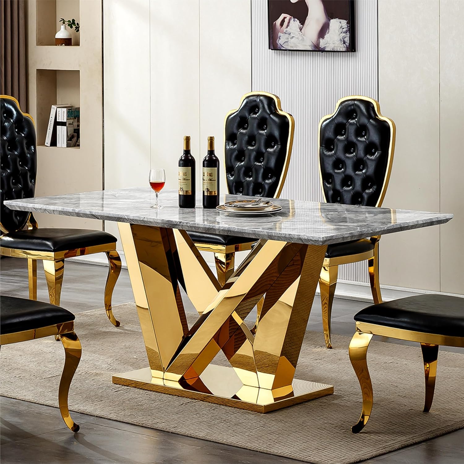 70 Inch Modern Rectangle Dining Table for 6, Faux Marble Top with Mirrored Stainless Steel Base, Large Kitchen Table for Dining Room, Living Room, Office, Conference, (Table Only) (Gold + Grey)