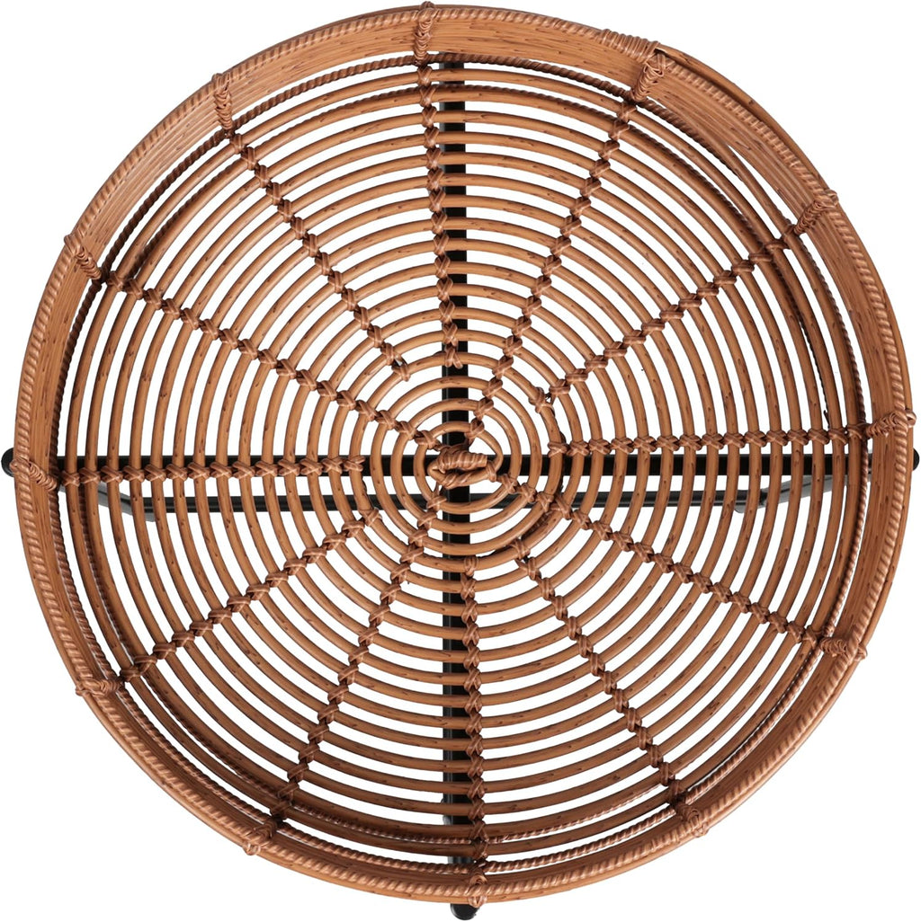 JONATHAN Y Malia 23" Round Faux Rattan Tray Top End Table, Bohemian Woven Accent Side Table with Black Metal Cross Base, Nightstand for Living Room and Bedroom, Brown and Black TBL2509B