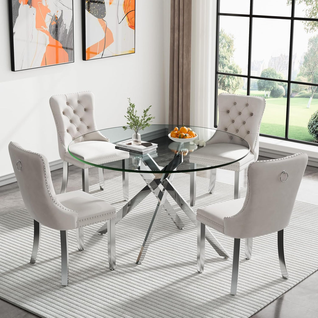 Modern 5 Piece Glass Dining Table Set, 47.2" Round Dining Table Set for 4, Glass Dining Room Kitchen Table with X-Shape Silver Metal Leg & 4pcs Beige Dining Chairs, Modern Circle Glass Dining Set