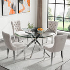 Modern 5 Piece Glass Dining Table Set, 47.2" Round Dining Table Set for 4, Glass Dining Room Kitchen Table with X-Shape Silver Metal Leg & 4pcs Beige Dining Chairs, Modern Circle Glass Dining Set
