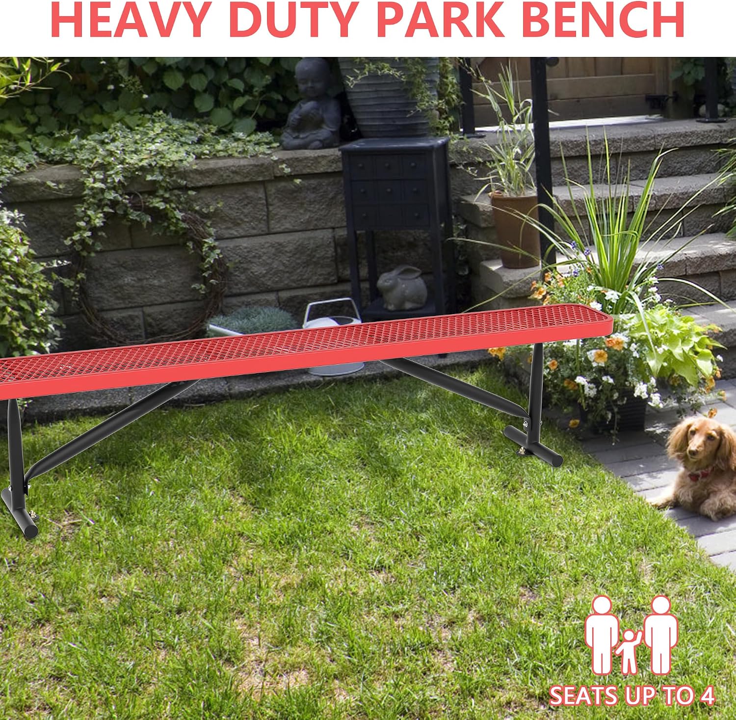 8 Feet Outdoor Steel Bench, Red Heavy Duty Metal Park Bench for Outside, Weatherproof Dock Bench, 96" L Commercial Benches Mesh Bench for Shopping Mall, Store, Lawn, Park, Patio, Deck, Garden