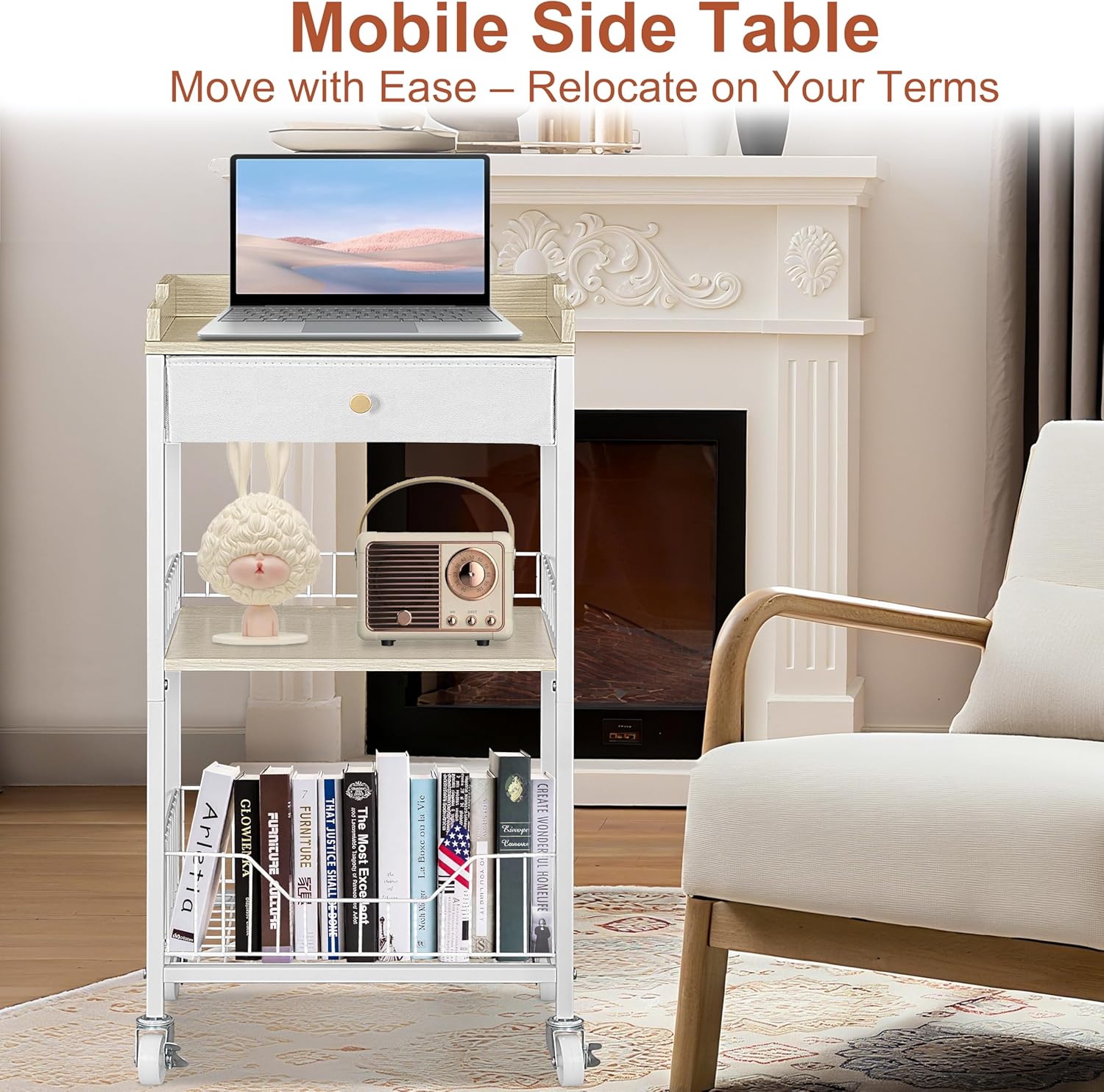 4-Tier Small Side Table with Storage Drawer, Tall Nightstand with Wheels & Basket, Rolling Bathroom Table for Small Spaces, Bedroom, Living Room, Dorm, White and Natural