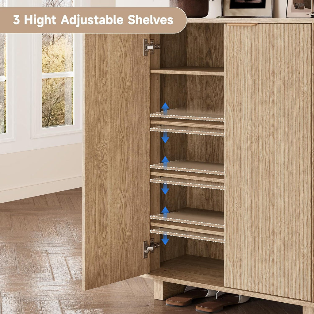 Fluted Entryway Shoe Storage Cabinet with Doors, 5 Tier 39'' Tall Freestanding Modern Shoe Rack Organizer Cabinet with 3 Adjustable Shelves for Hallway, Foyer, Entrance, MDF - Natural