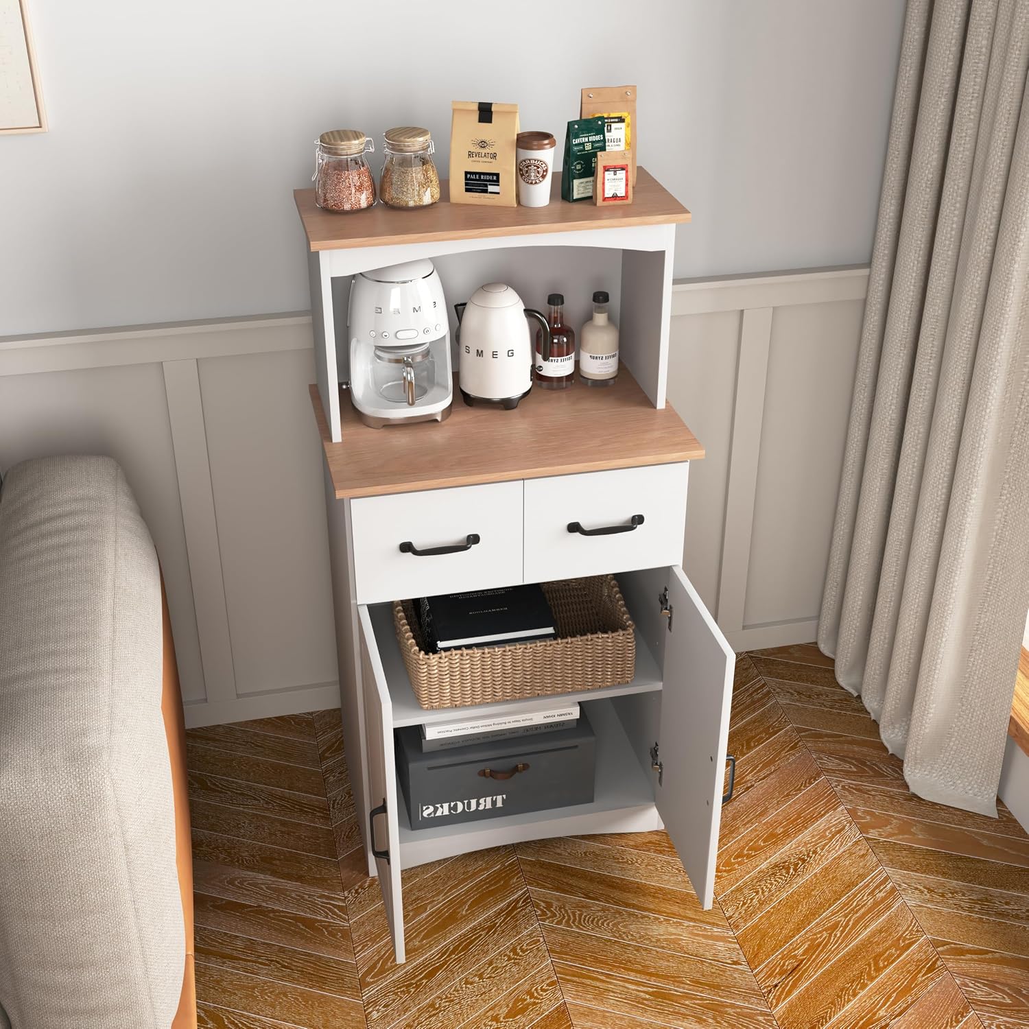 Freestanding Kitchen Pantry with Dawer & Shelf, Double Door, Rectangular Storage Cabinet, Modern Minimalist, for Living Room, Dining Room, White