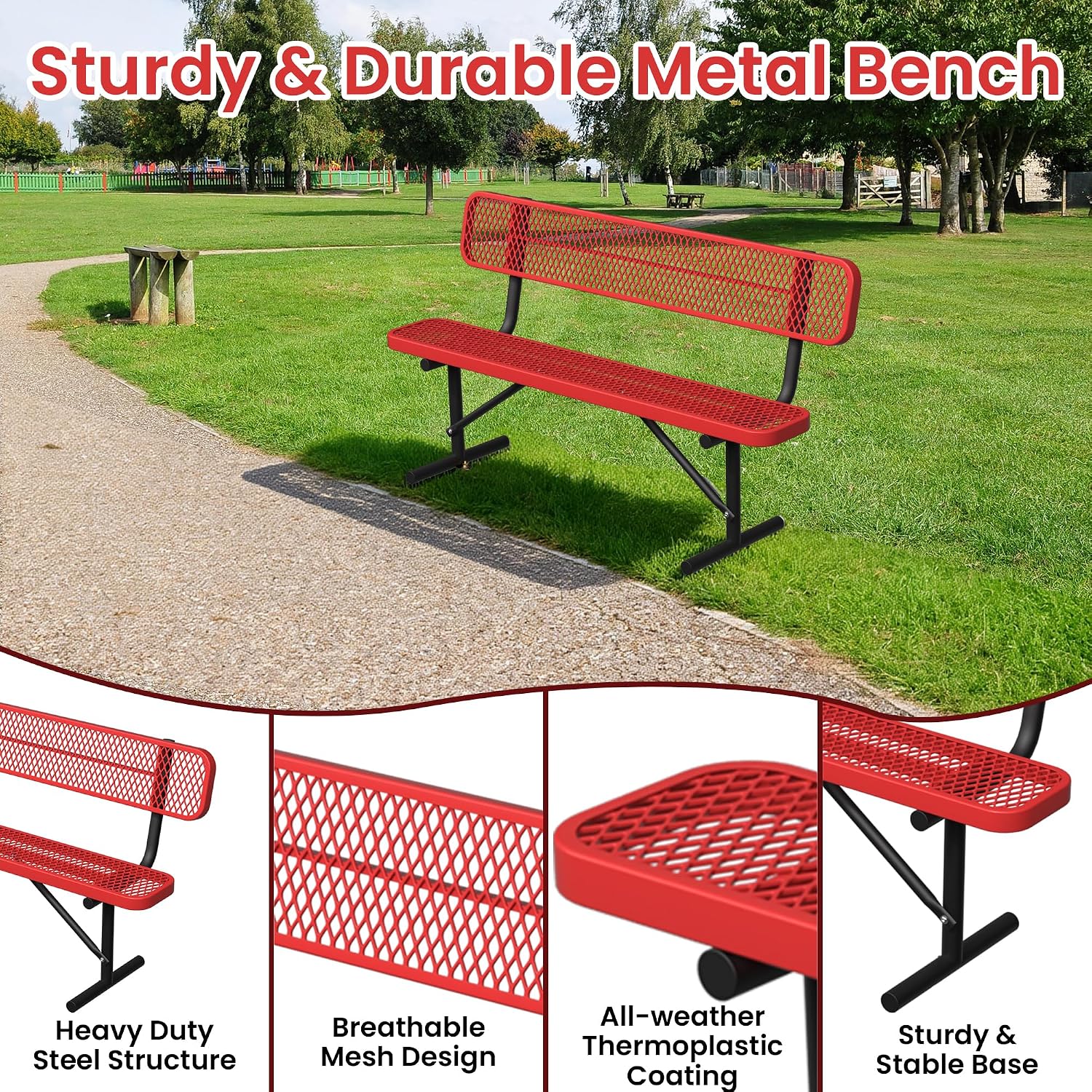 6ft Metal Park Bench with Backrest, Heavy-Duty Steel Outdoor Bench Weatherproof Playground Bench Seats, Commercial Garden Benches Red Dock Benches for Lawn, Park, Deck,Patio, Porch, Easy Installation
