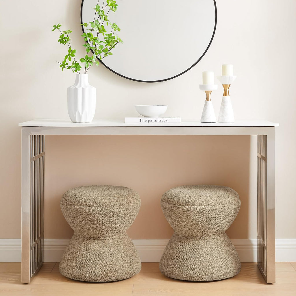 VANOMi Multi-Functional Boucle Ottoman, Set of 2, Vanity Stool Chair, Sturdy Wooden Footstool, Suitable for Living Room, Bedroom, and Entryway, Without Installation, Camel