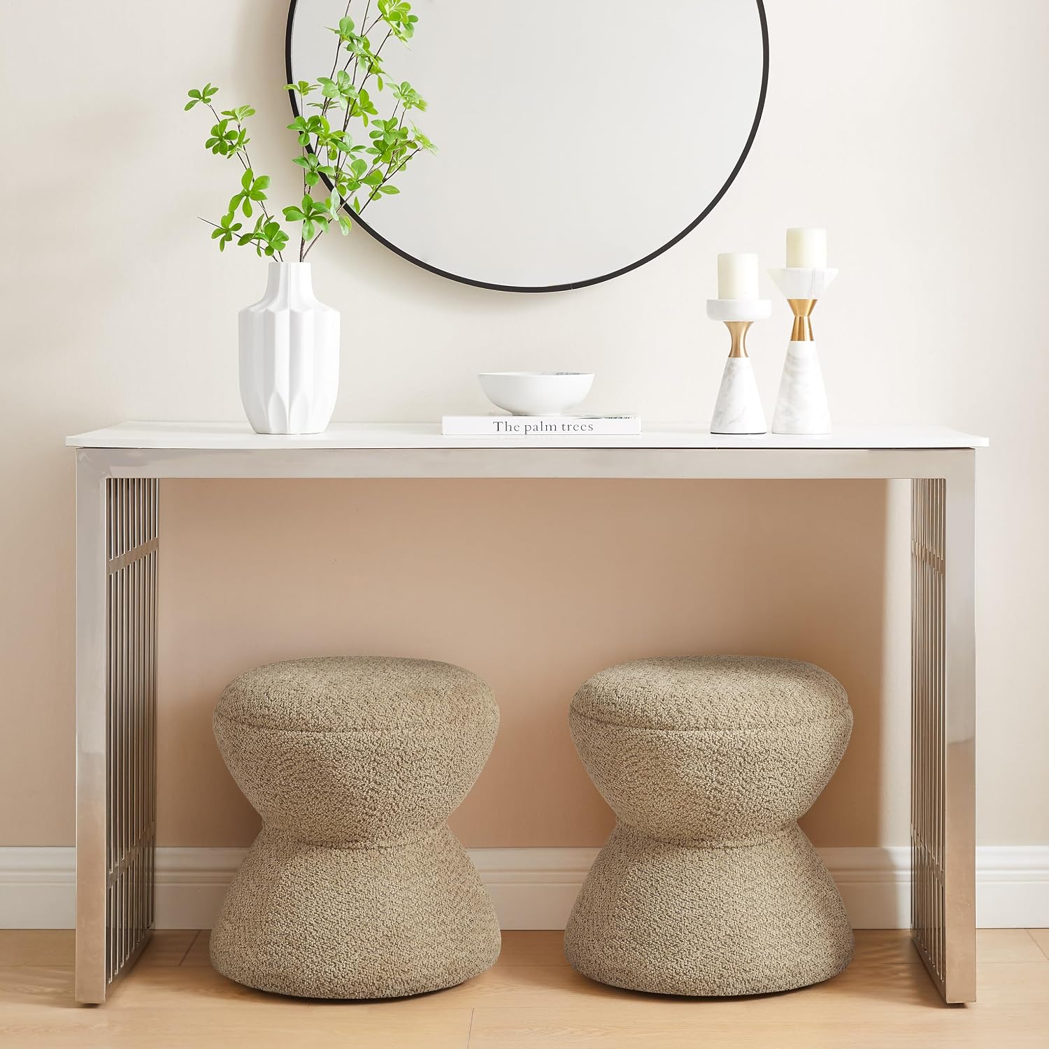 VANOMi Multi-Functional Boucle Ottoman, Set of 2, Vanity Stool Chair, Sturdy Wooden Footstool, Suitable for Living Room, Bedroom, and Entryway, Without Installation, Camel