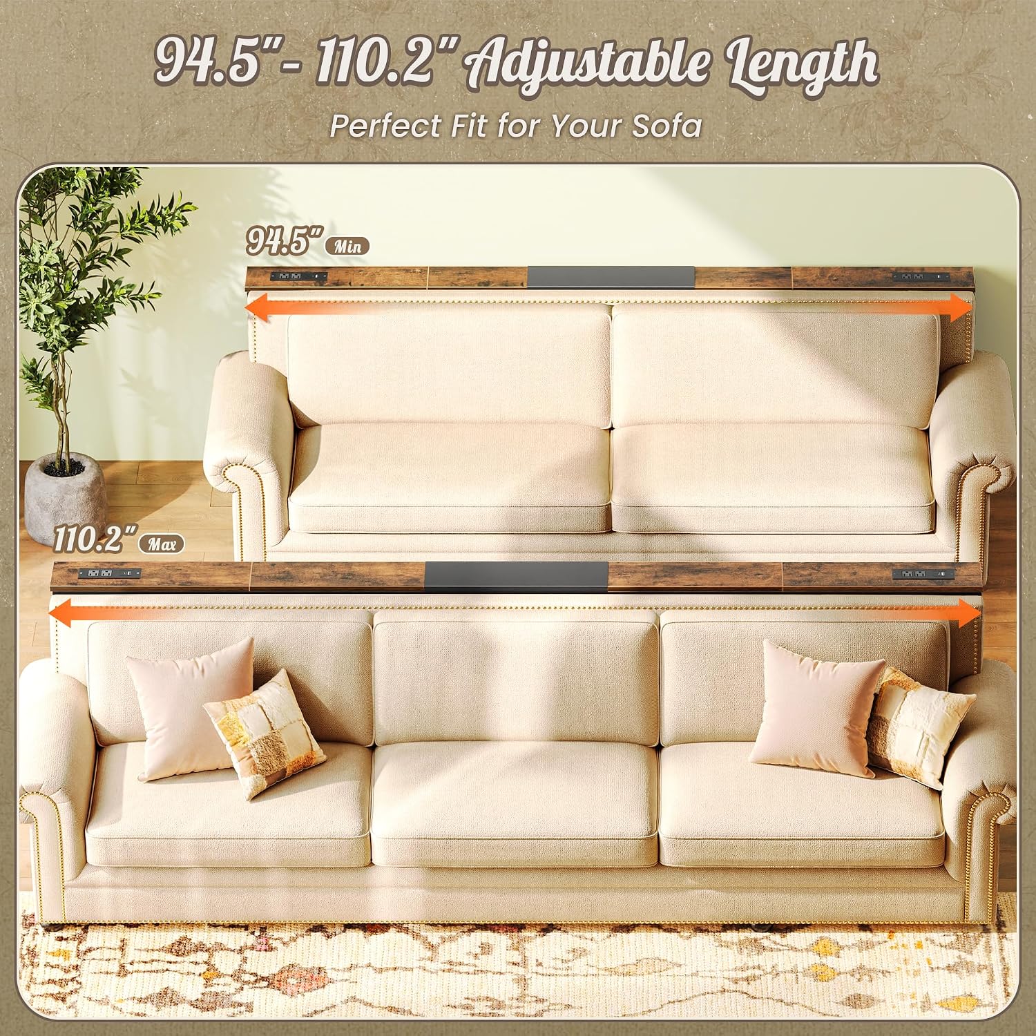 Huuger Narrow Console Table with Power Outlets & USB-C, 23.6"-35.4" Adjustable Height Sofa Table Behind Couch, Extendable 94.5"-110.2" Long Console Table, Wall-Protected Pads, Rustic Brown