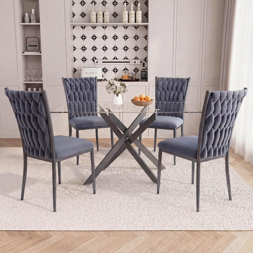 51'' Glass Dining Table Set for 4, Modern Rectangular Dining Room Table with Black Metal Legs & 4 Upholstered Velvet Dining Chairs, Space-Saving Kitchen Table Set for Small Spaces(Dark Grey)