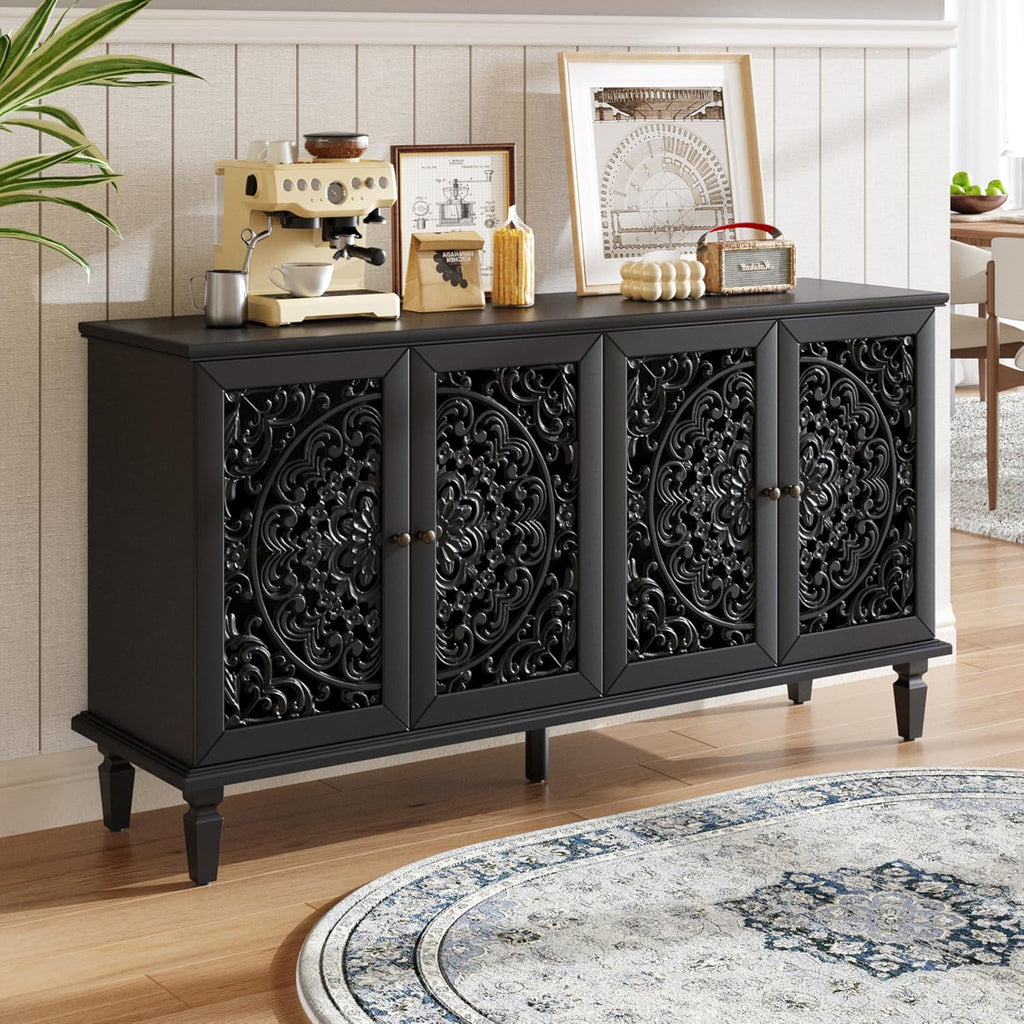 Vintage Sideboard Buffet Table Accent Credenza Storage Cabinet with 4 Hollow Carving Doors Adjustable Shelves Wood Legs for Kitchen Dining Living Room Entryway 60 Inch Antique Black