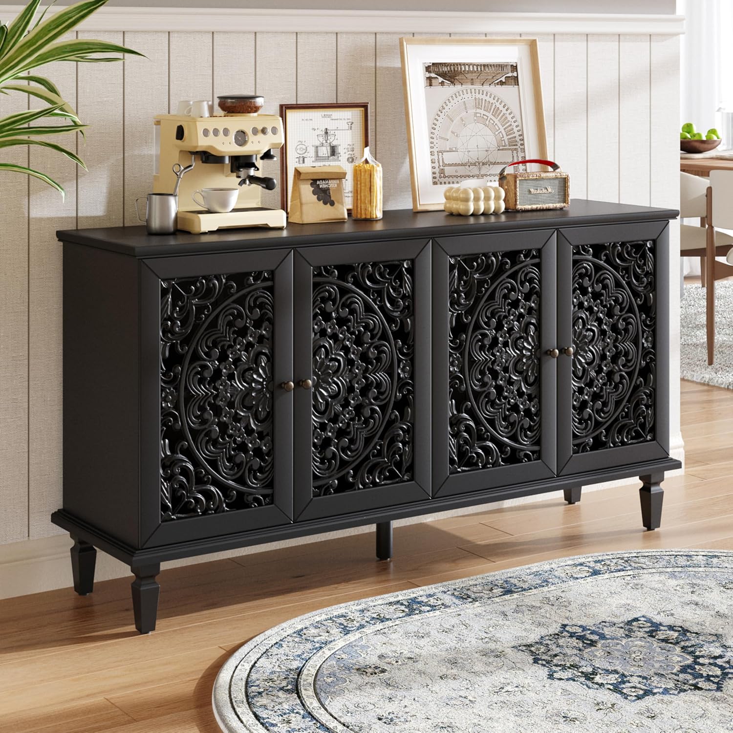 Vintage Sideboard Buffet Table Accent Credenza Storage Cabinet with 4 Hollow Carving Doors Adjustable Shelves Wood Legs for Kitchen Dining Living Room Entryway 60 Inch Antique Black