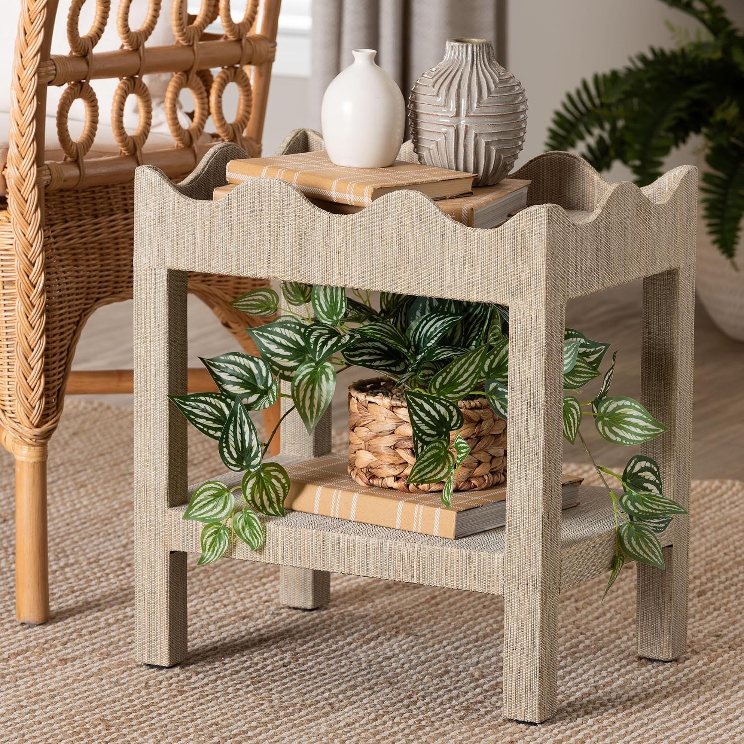Bali & pari Sebastian Grasscloth Scalloped End Table - 2-Tier Accent Table with Open Shelf Storage for Living Room, Bedroom, or Entryway, Beige