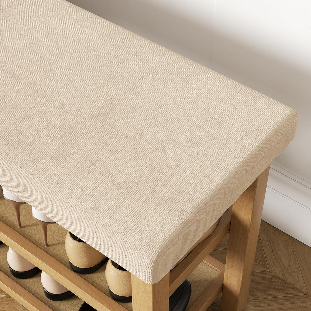 2 Tier Shoe Rack Bench with Cushion, Rubberwood Shoe Benches, Mid-Century Modern Shoe Storage Bench for Entryway, Hallway, Living Room, Closet, Front Door Entrance, Light Brown