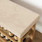 2 Tier Shoe Rack Bench with Cushion, Rubberwood Shoe Benches, Mid-Century Modern Shoe Storage Bench for Entryway, Hallway, Living Room, Closet, Front Door Entrance, Light Brown