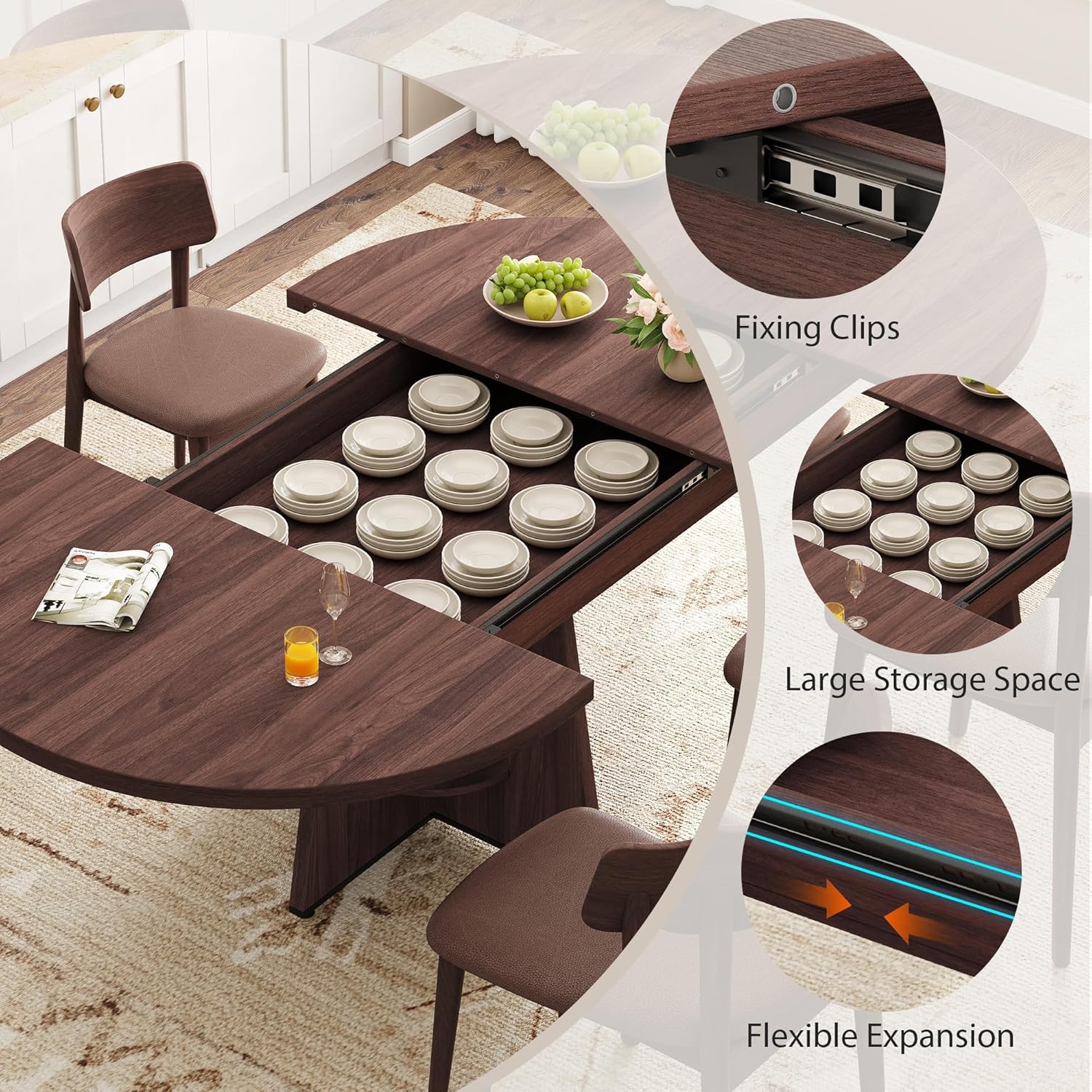 Extendable Dining Table, Round Kitchen Dining Room Dinner Table with for 4 6 8 People, Space Saving Modern Oval Expandale Furniture with Storage and Pedestal for Kitchen Living Room (Brown)
