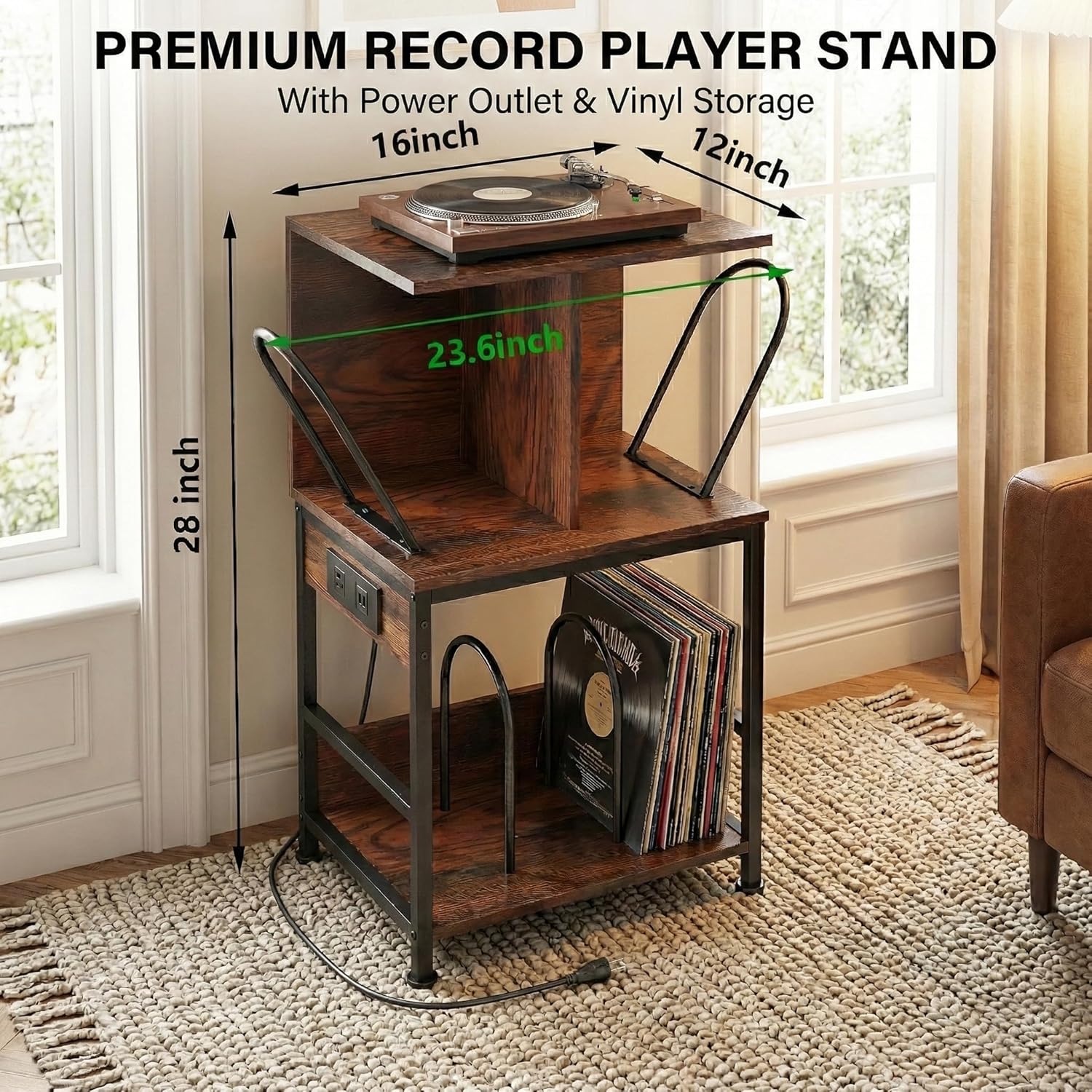Record Player Stand with Vinyl Storage, Large Record Table Holds 180 Albums, Vinyl Record Storage Stand with USB Charger, Multi-Functional Side Table & Shelf for Living Room Bedroom