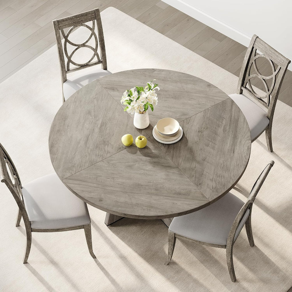 47" Round Farmhouse Dining Table, Seats 4–6, Wood Top & Legs, Sturdy Kitchen Table for Home, Dining Room, or Living Room – Grey (No Chairs)