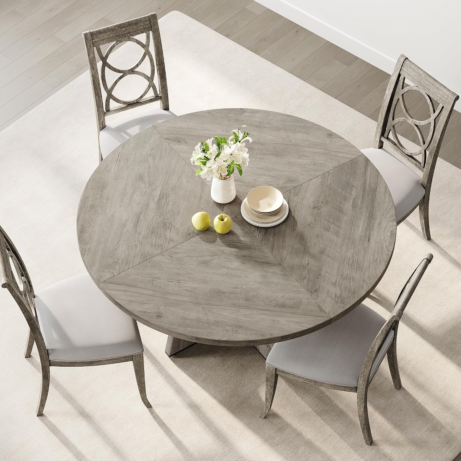47" Round Farmhouse Dining Table, Seats 4–6, Wood Top & Legs, Sturdy Kitchen Table for Home, Dining Room, or Living Room – Grey (No Chairs)