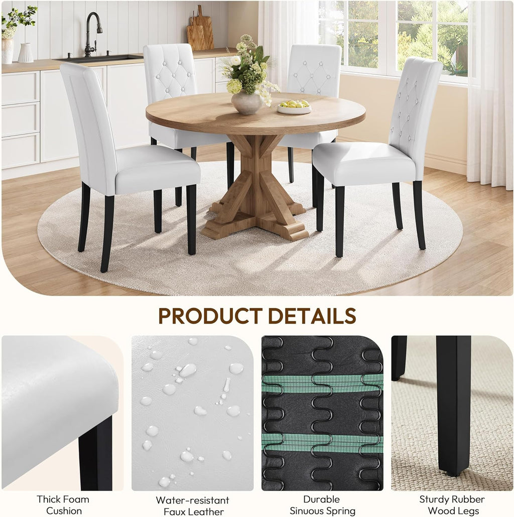 Yaheetech Dining Chairs Set of 4 Button Tufted Kitchen Chairs White | Modern Faux Leather Upholstered Parson Chairs with Rubberwood Legs, Adjustable Footpads, High Back Chairs For Dining Room