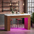 PAKASEPT 55" LED Bar Table with Smart RGB Lights,Faux Marble Counter Height Pub Dining Table,High Top Kitchen Island Table with Music Sync & Timer for Parties, Gatherings & Daily Use,White & Brown