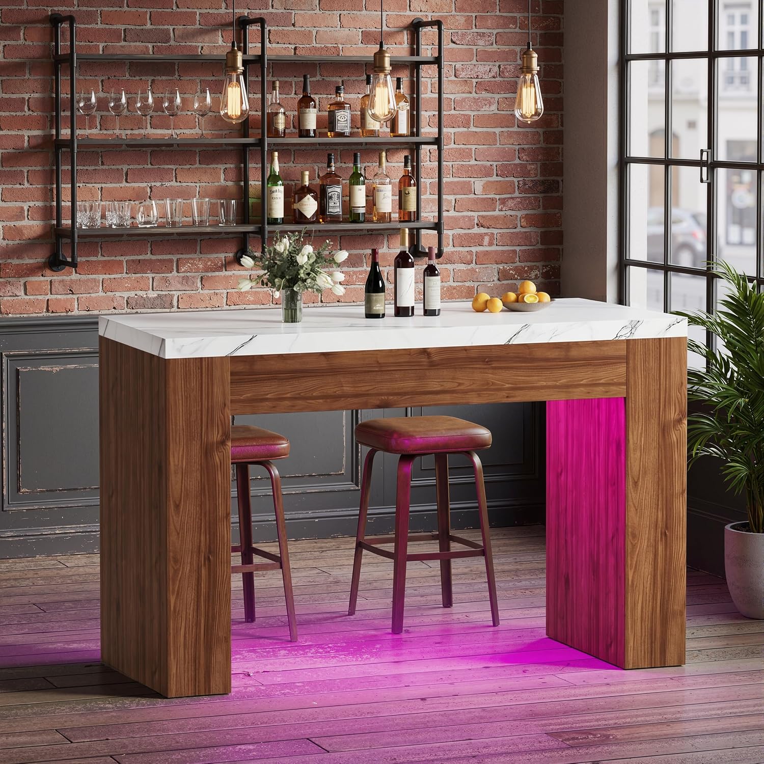 PAKASEPT 55" LED Bar Table with Smart RGB Lights,Faux Marble Counter Height Pub Dining Table,High Top Kitchen Island Table with Music Sync & Timer for Parties, Gatherings & Daily Use,White & Brown