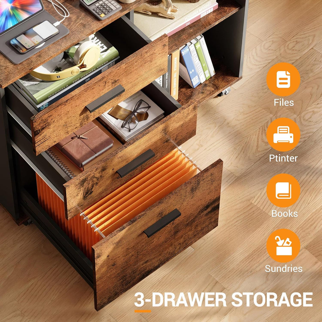 DEVAISE 3 Drawer Wood File Cabinet, Rolling Filing Cabinet with Open Storage Shelf, Printer Stand for Home Office Storage and Organization, Fits Letter/A4 Files (Rustic Brown, Wood)