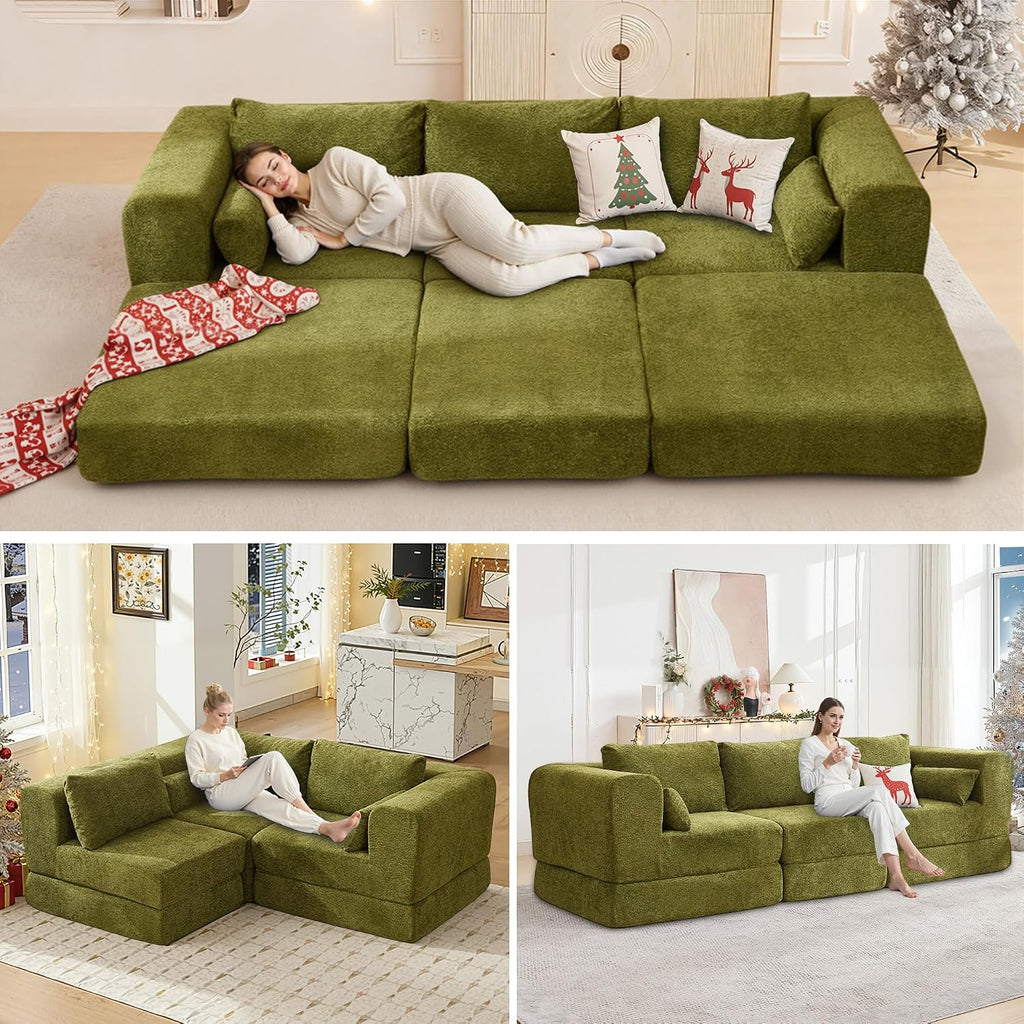 STHOUYN 106" Chenille Folding Convertible Sleeper Sofa Bed, Green Pull Out Floor Modular Couch with Pillow, Memory Foam Boneless Couchs Sectional for Living Room Bedroom (3, Green)