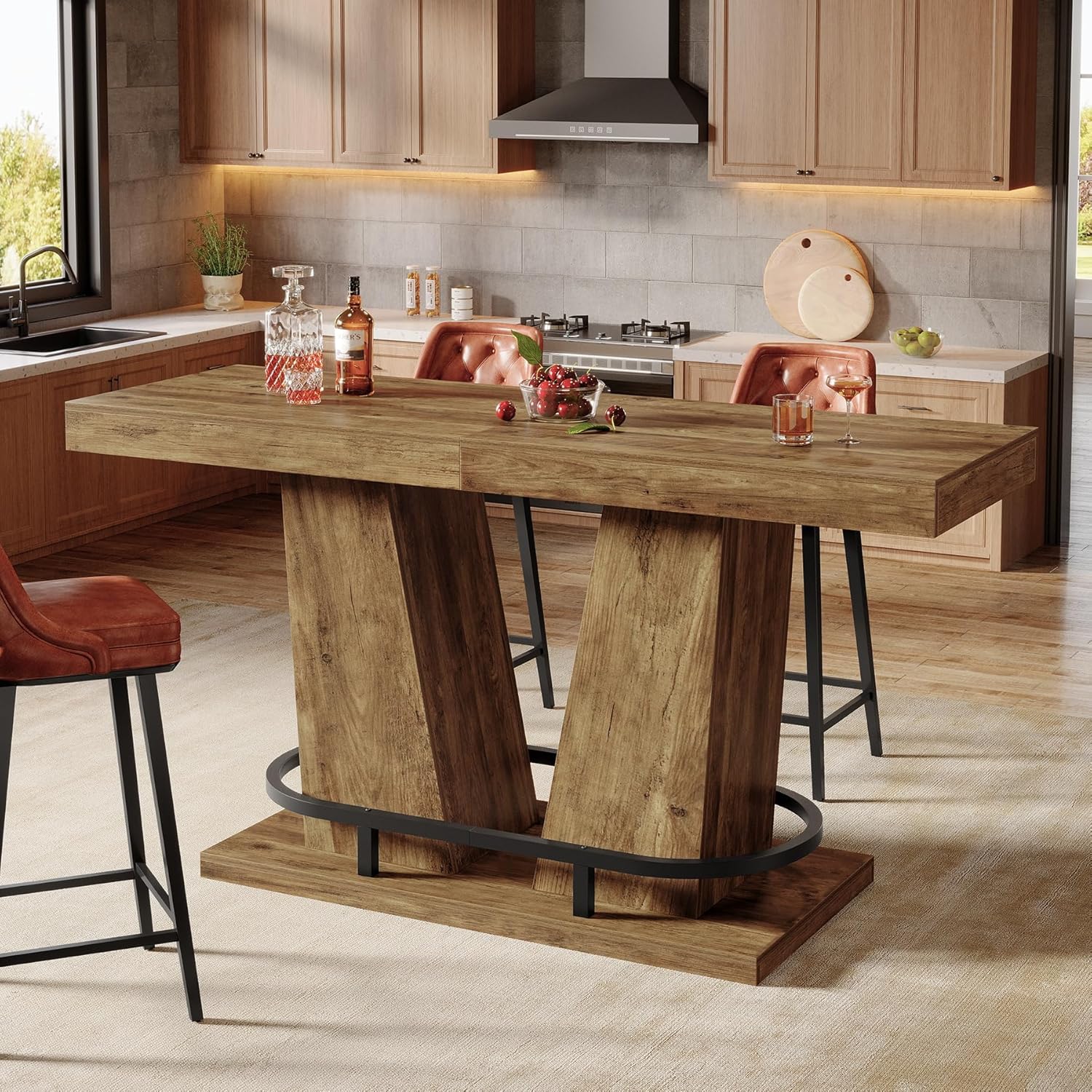 Tribesigns 62.99" Industrial Bar Table for 4-6, Rectangle Counter Height Pub Table with Metal Footrest, Home Bar Units for Pub, Bistro, Kitchen, Balcony, Dining Room, Living Room (Rustic Brown)