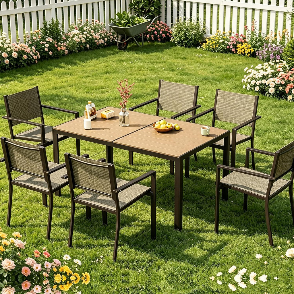 Aoxun 7-Piece Patio Table and Chairs Set for 6, All Weather Outdoor Dining Set with 6 Textilene Chairs and 1 Rectangular Metal Table, Patio Dining Sets for Backyard, Brown