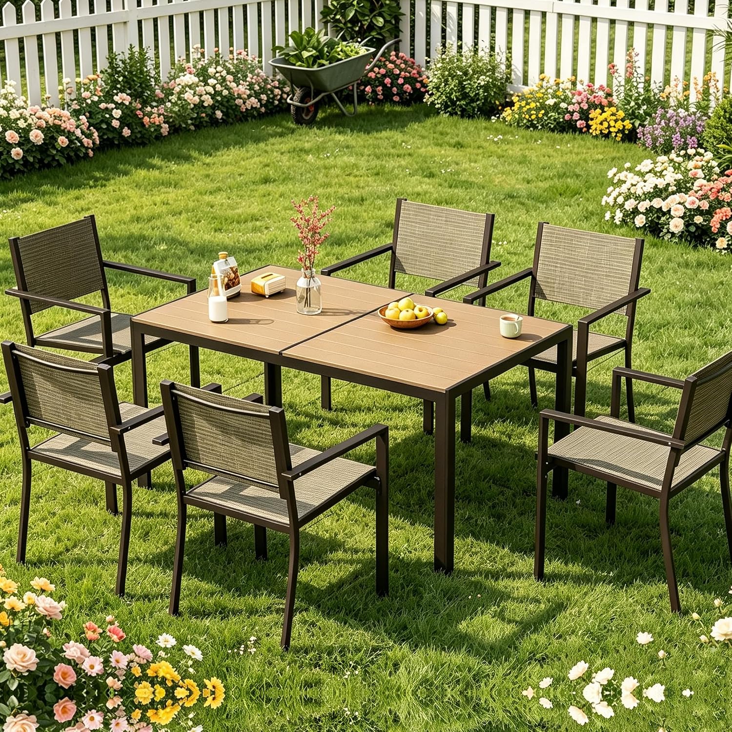 Aoxun 7-Piece Patio Table and Chairs Set for 6, All Weather Outdoor Dining Set with 6 Textilene Chairs and 1 Rectangular Metal Table, Patio Dining Sets for Backyard, Brown