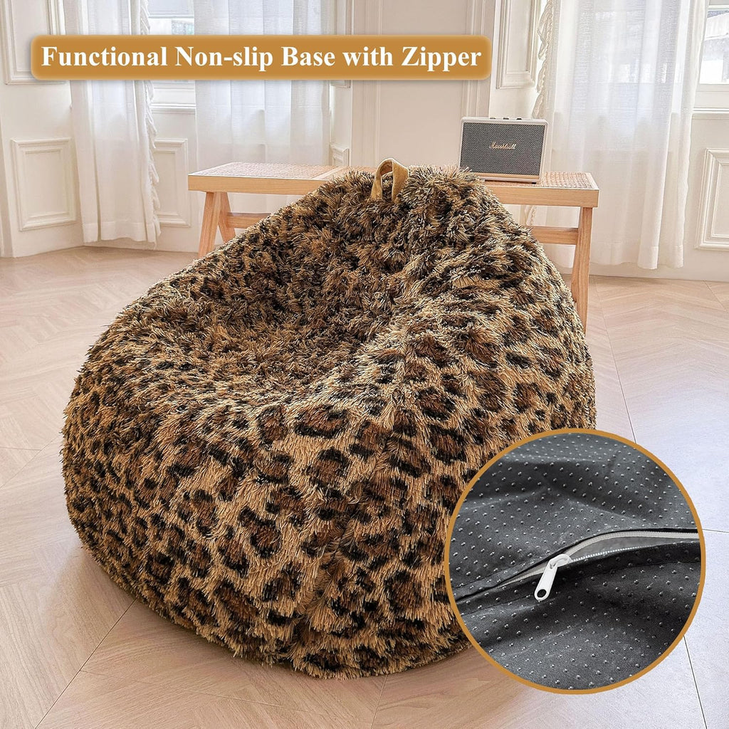 XeGe Faux Fur Leopard Print Bean Bag Chair Cover (No Filler), Fluffy Stuffed Animal Storage Cheetah Bean Bag Home Decor, Furry Fuzzy Big Beanbag Cover for Adults Teens Kids Girls, Anti-slip, Brown