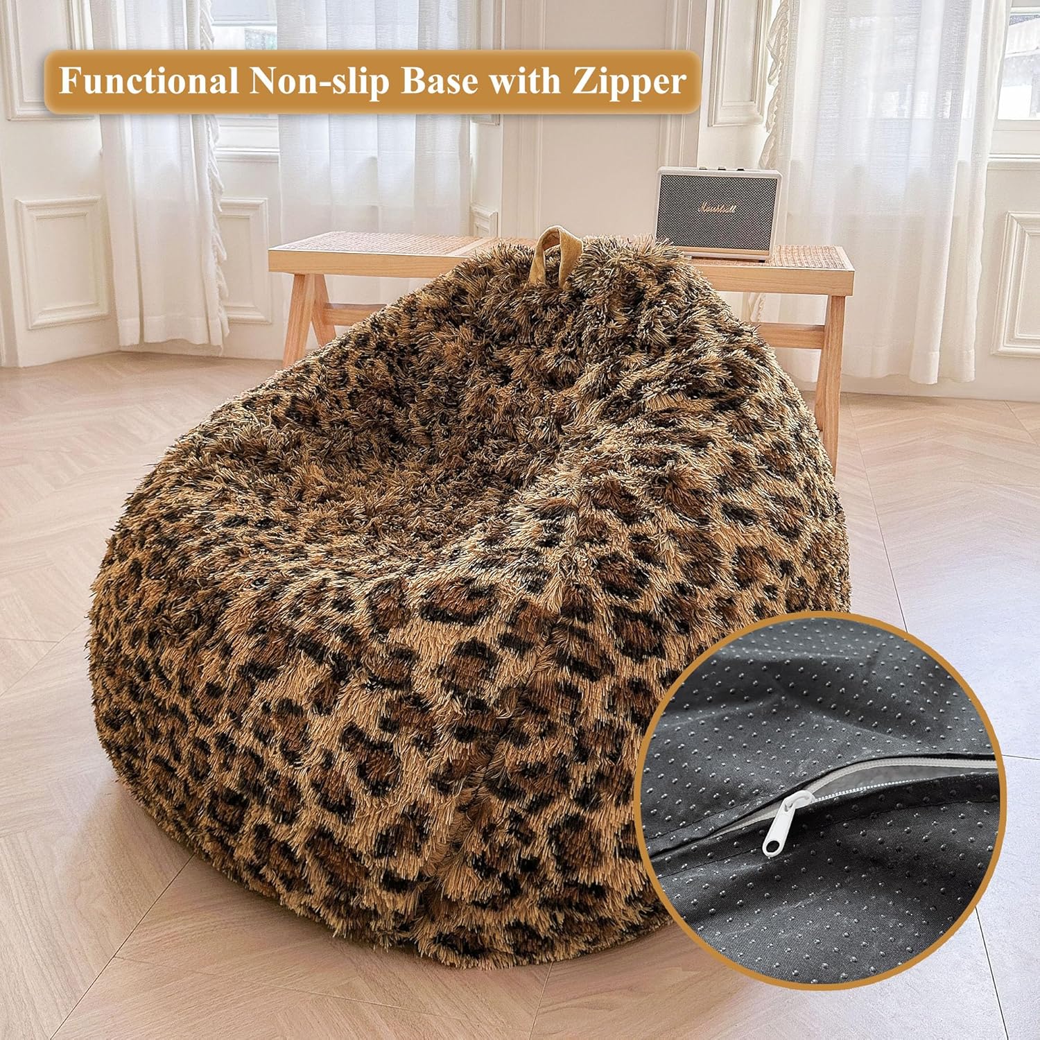 XeGe Faux Fur Leopard Print Bean Bag Chair Cover (No Filler), Fluffy Stuffed Animal Storage Cheetah Bean Bag Home Decor, Furry Fuzzy Big Beanbag Cover for Adults Teens Kids Girls, Anti-slip, Brown