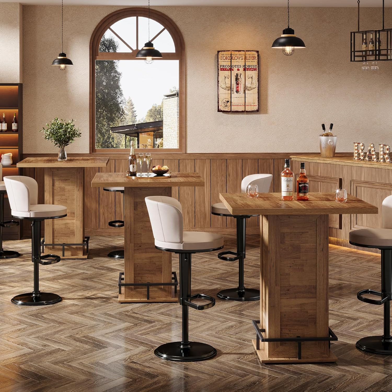 Tribesigns 39.4" H Square Bar Table, Industrial High Top Bistro Pub Cocktail Table with Metal Footrest for Kitchen Nook, Home Bar, Small Bars, Rustic Brown (Table Only)