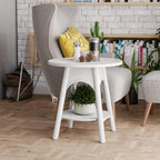 Distressed Farmhouse End Table with Shelf, Modern Round Side Table for Bedroom, White