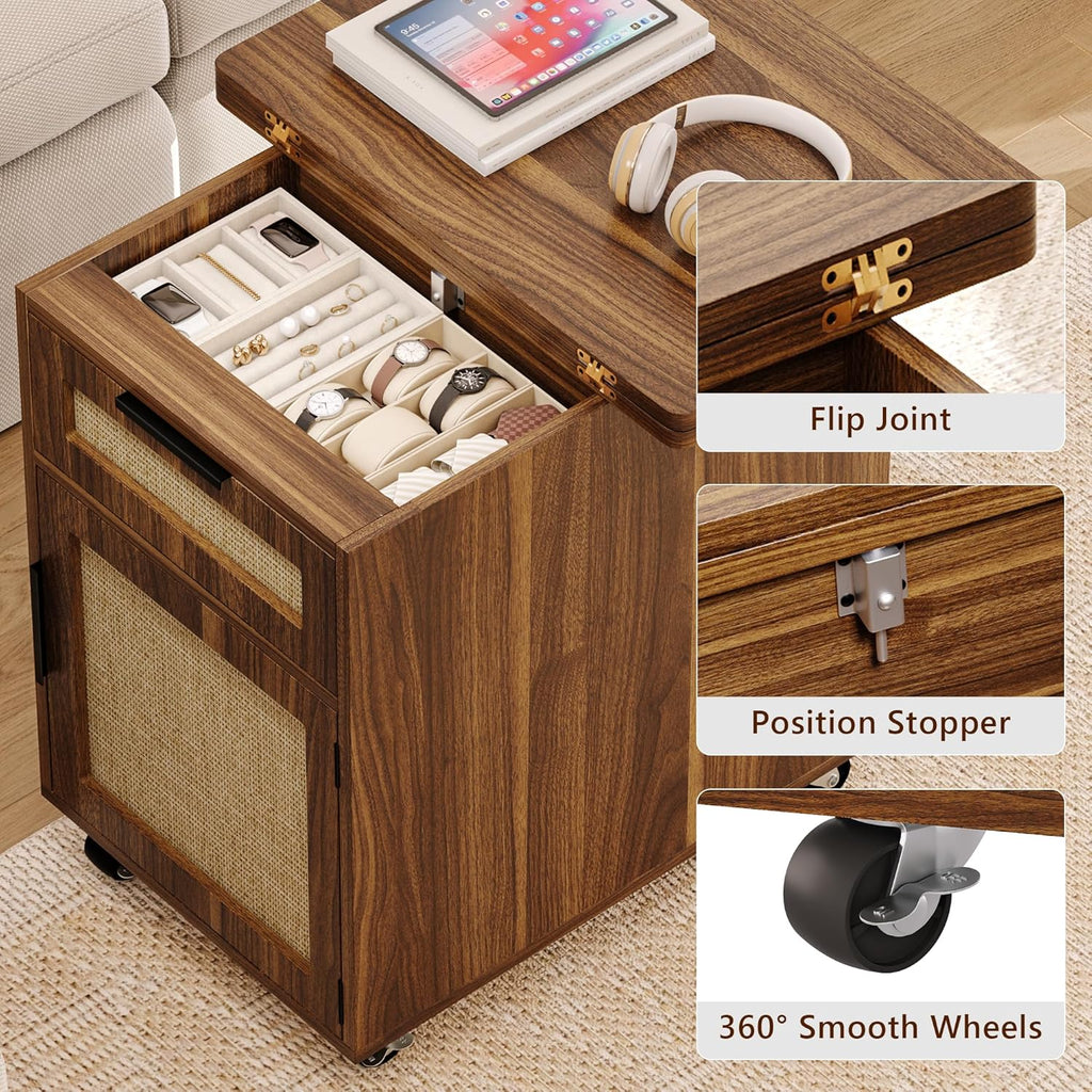 iPormis End Table with Charging Station, 15.7''-31.5'' Narrow Folding Side Table with Flip Top & Drawer, Wooden Sofa Couch Table with Storage Cabinet & Wheels, for Small Spaces Living Room, Walnut