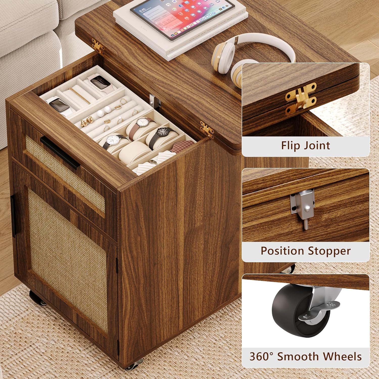 iPormis End Table with Charging Station, 15.7''-31.5'' Narrow Folding Side Table with Flip Top & Drawer, Wooden Sofa Couch Table with Storage Cabinet & Wheels, for Small Spaces Living Room, Walnut