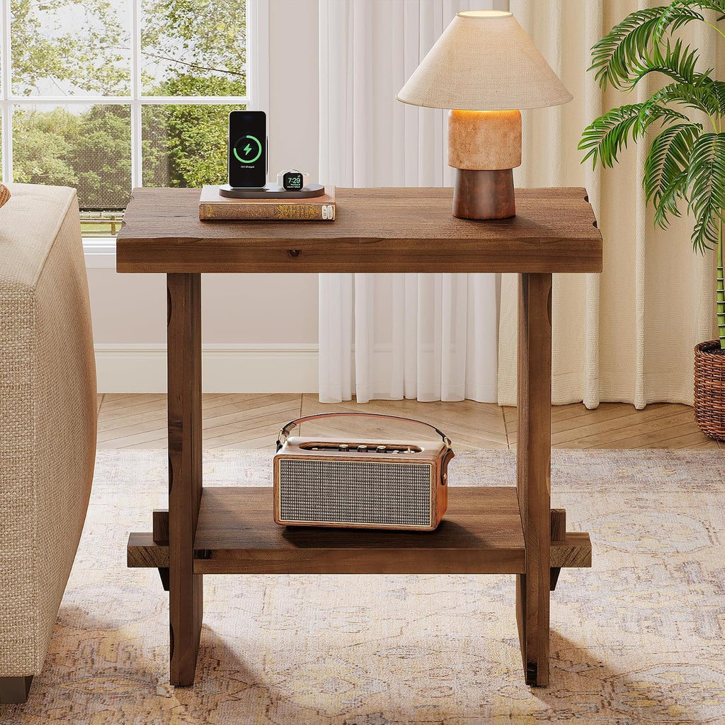 Solid Wood Side Table, 2-Tier End Table with Solid Base, Accent Furniture Bedside Nightstand Storage for Living Room and Bedroom, Small Spaces, Assembly Required