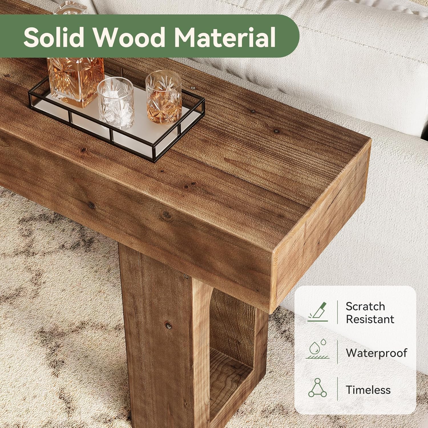 Solid Wood Console Table, 63-Inch Long Farmhouse Entryway Table, Sofa Console Behind Couch, for Foyer, Hallway, Living Room, Dark Brown