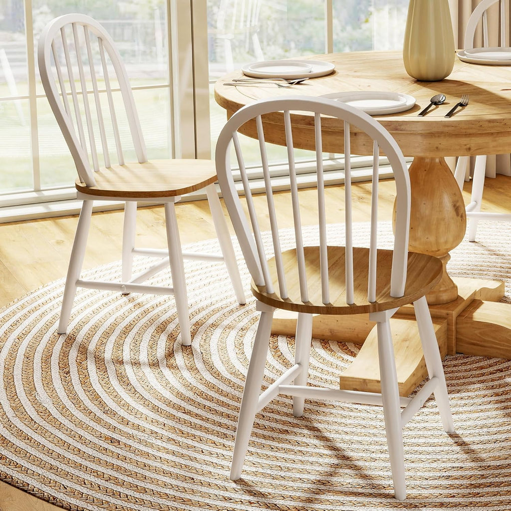 Windsor Dining Chairs Spindle Kitchen Chairs Set of 2, Countryside Solid Wood Kitchen Chairs for Dining Room/Living Room/Home Office/Reception, White, Round Back