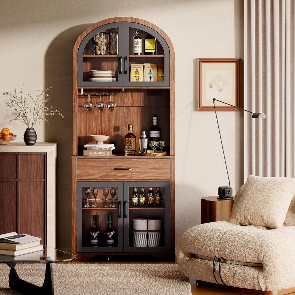 Tall Arched Kitchen Pantry Cabinet, Farmhouse Coffee Bar Cabinet with Storage, Kitchen Hutch Storage Cabinet with Countertop and Charging Station, Dining Room Kitchen Hutch Cabinet with Storage
