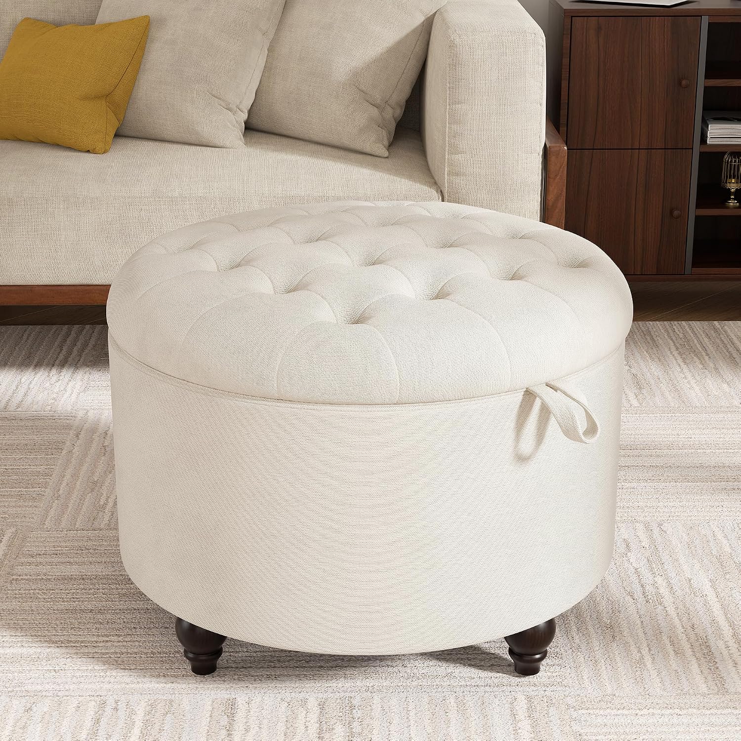 24 Inch Round Storage Ottoman,Modern Tufted Ottomans,Circular Coffee Table with Removable Top,Upholstered Large Ottoman with Storage Footrest Stool for Bedroom Living Room (White)