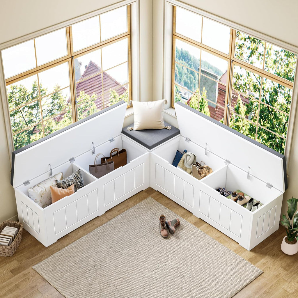 L Shape Corner Bench with Storage, Breakfast Nook Bench, Flip-Top Shoe Storage Benches with Cushion for Entryway, Hallway, Living Room, White & Grey