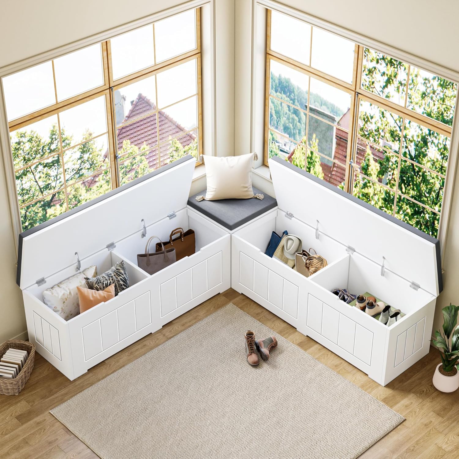 L Shaped Corner Storage Bench with Cushion,Modern Kitchen Breakfast Nook Bench with Storage,Flip-Top Shoe Storage Bench for Entryway,Hallway,Living Room,White