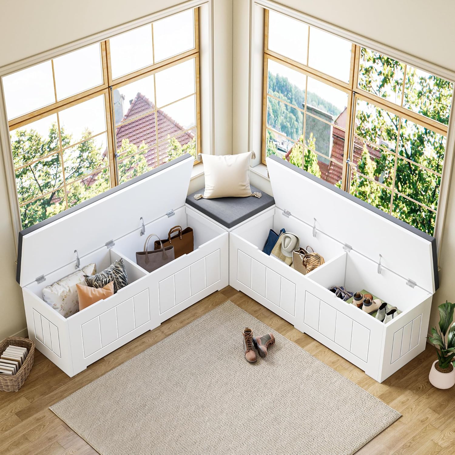 L-Shaped Corner Storage Bench Compartments & Cushioned Seat, Kitchen Breakfast Nook Bench with Hidden Storage, Wood Flip-Top Shoe Benches for Entryway Cloakroom, White & Grey