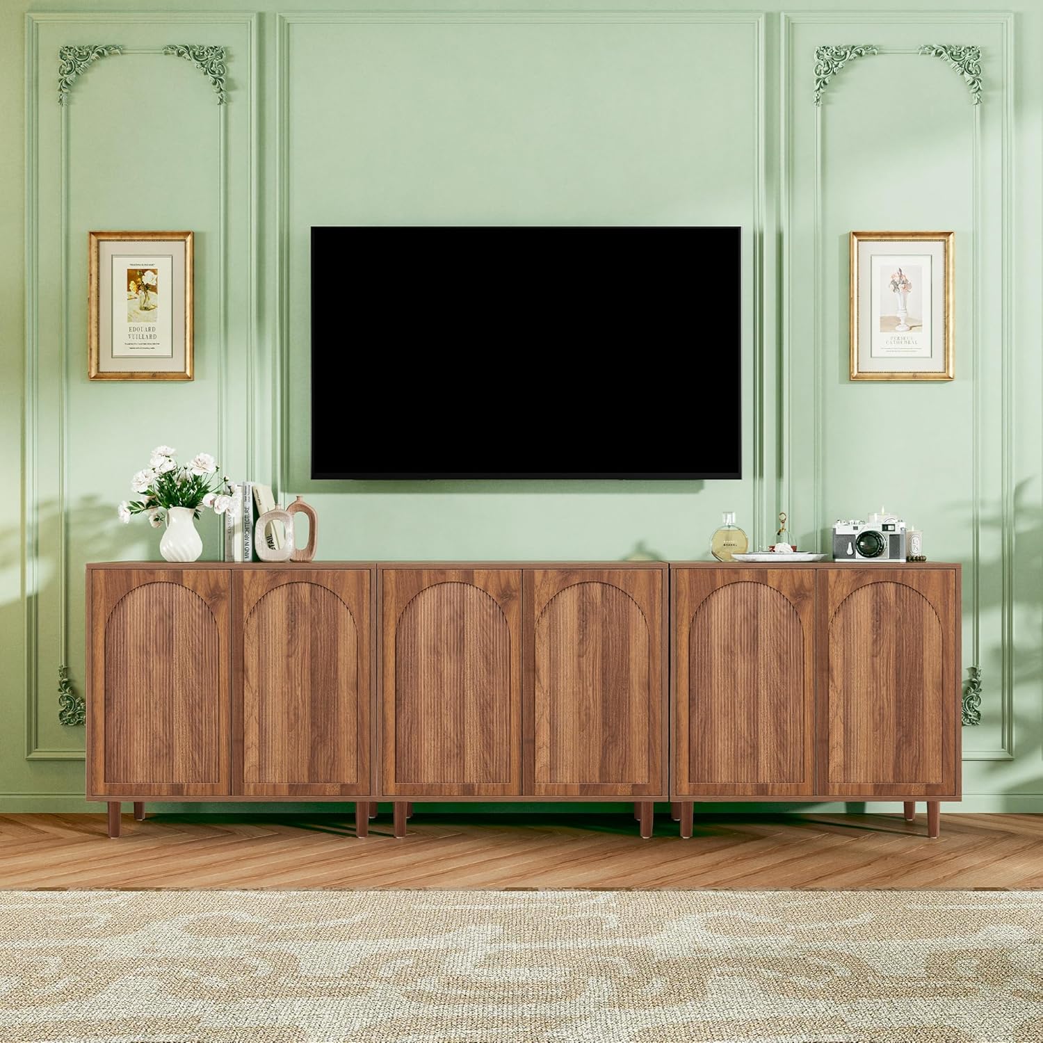 Bifins 94.5” Fluted Sideboard Buffet Cabinet with Storage,Mid Century Modern Long Wood Storage Cabinet with Arched Profile for Dining Room Kitchen Living Room